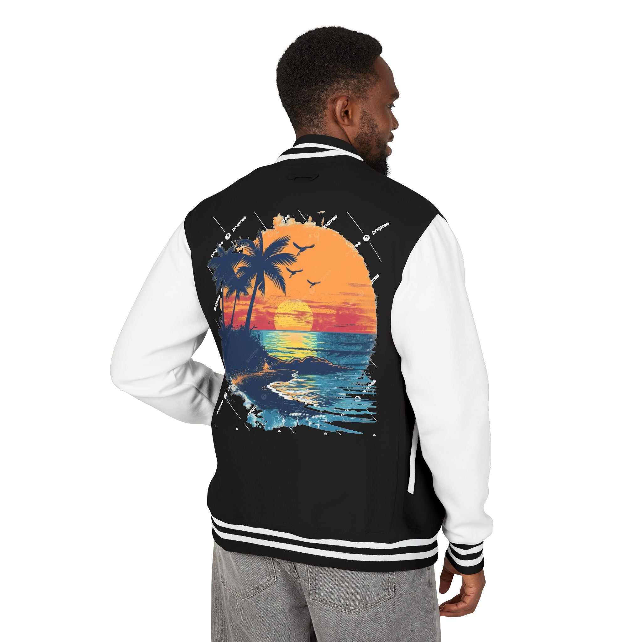 Sunset Beach Letterman Jacket – Retro Palm Tree Varsity Jacket