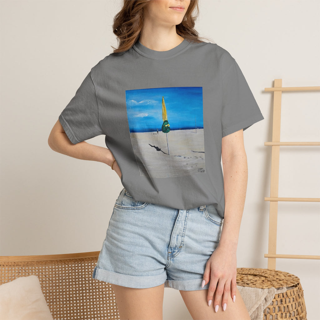 Beach Umbrella Sunset T-Shirt — Coastal Surfboard Art Tee