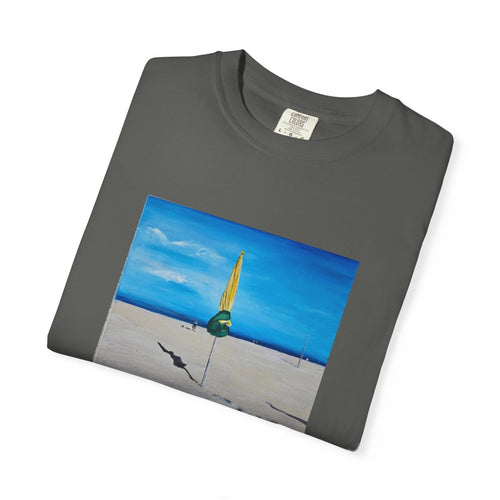 Beach Umbrella Sunset T-Shirt — Coastal Surfboard Art Tee